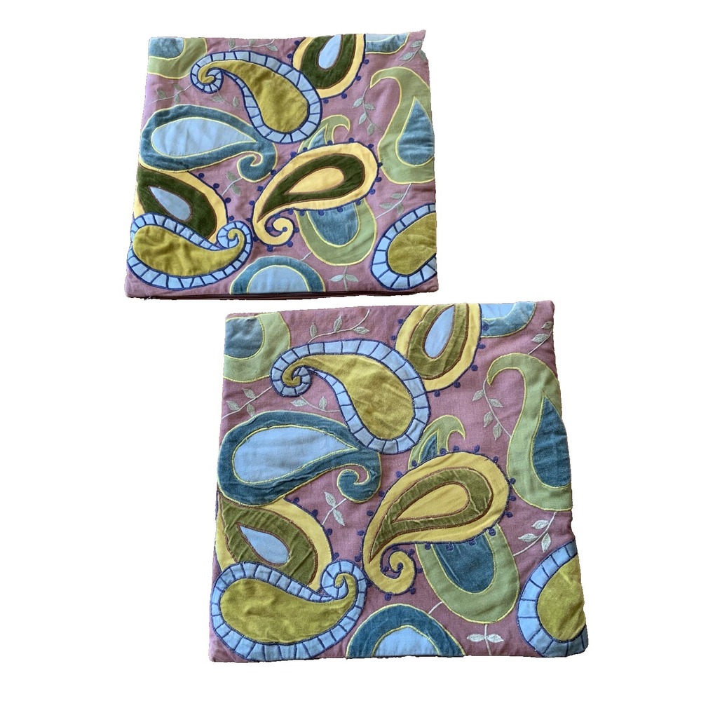 Pair‎ Crate & Barrel Pillow Covers Patchwork Paisley Velvet Funky Artsy